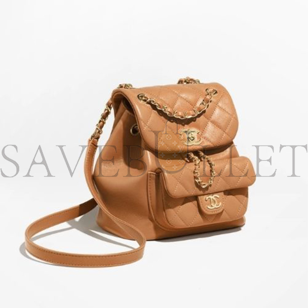 Ch*el master lambskin quilted small duma drawstring backpack caramel as2908 (18.5*18*12cm)